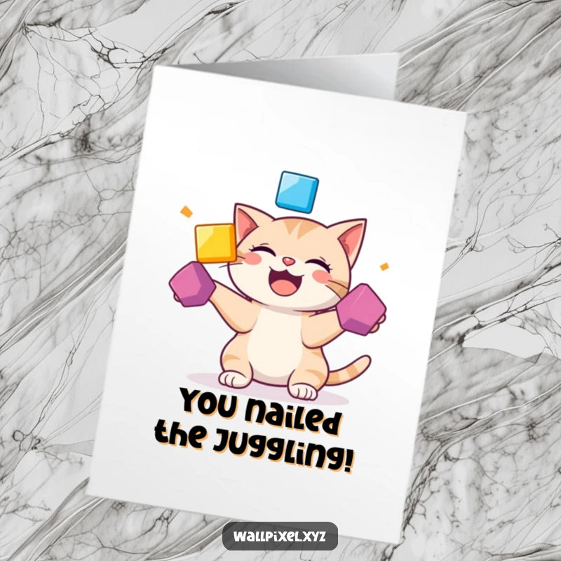 Funny Free Printable Congratulations Card: Pixelated cat joyfully juggling bright squares, celebrating success.