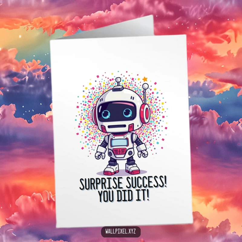 Funny Free Printable Congratulations Card: Retro robot reacts to pixel art explosion, a humorous celebratory downloadable.