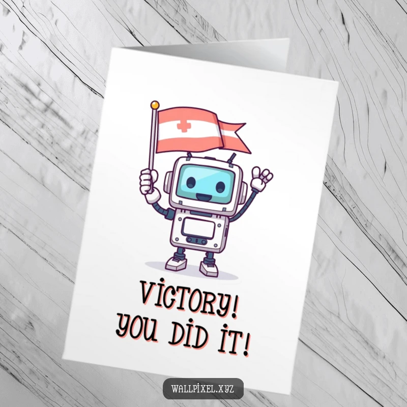 Funny free printable congratulations card of a square robot character cheering and waving a pixelated flag, symbolizing a successful achievement.