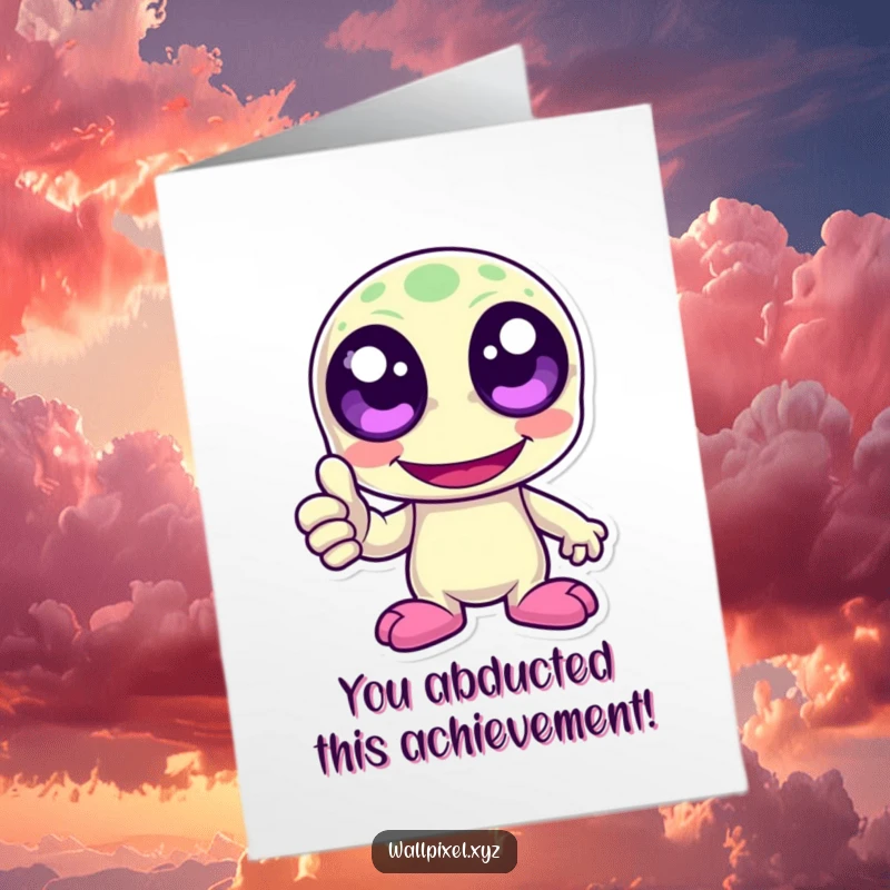 Funny Free Printable Congratulations Card: Laughing pixel alien with huge eyes gives a cheerful pixelated thumbs up for any occasion.