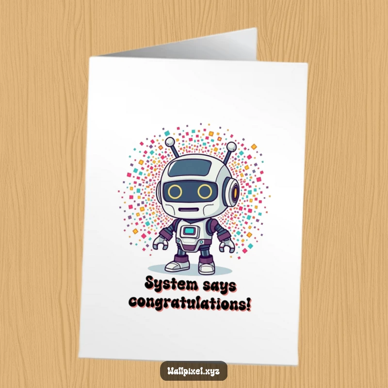 Funny Free Printable Congratulations Card: Retro robot reacts with surprise to a dazzling explosion of tiny, colorful pixels.