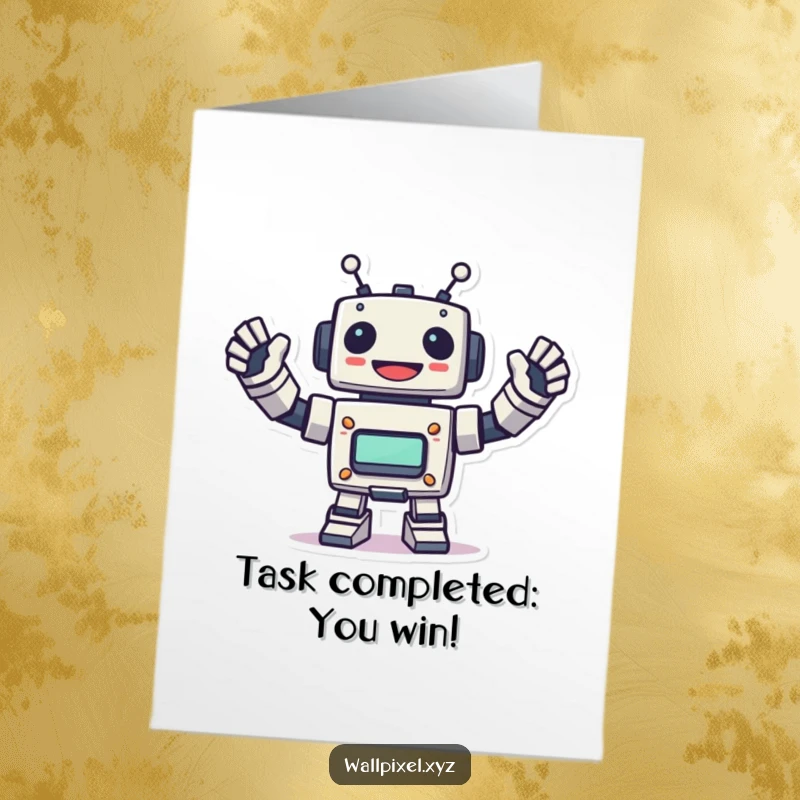 Funny Free Printable Congratulations Card: Cheerful pixel robot waves energetically, celebrating success. Print at home.