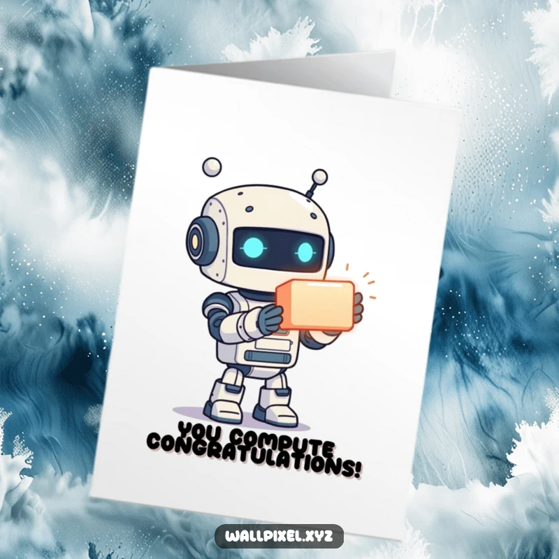 Funny Free Printable Congrats Card: A friendly pixelated robot offers a bright, glowing cube, symbolizing a successful accomplishment, great for congrats.