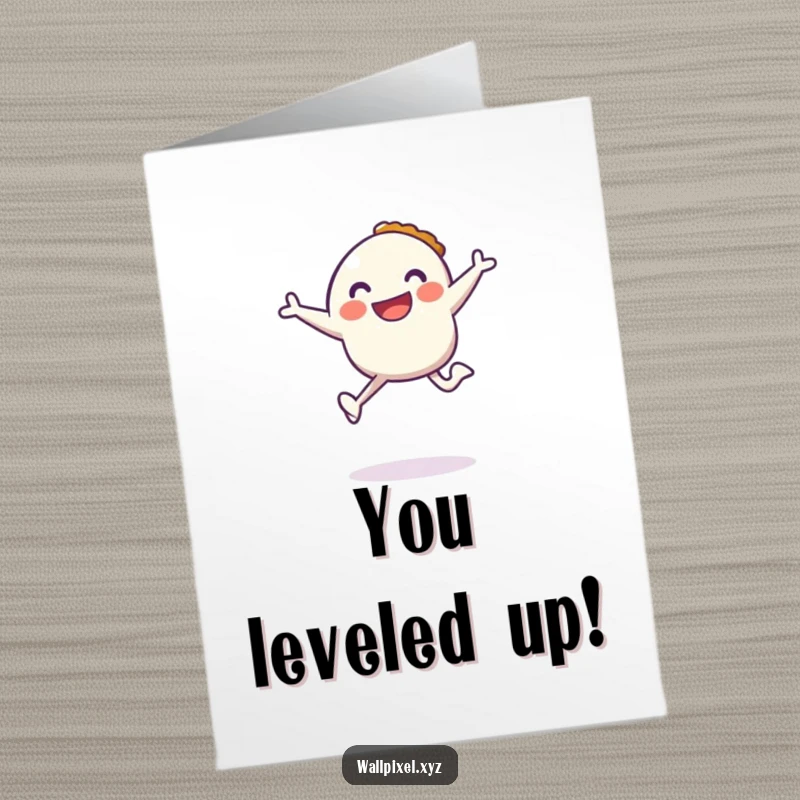 Funny Free Printable Congratulations Card: A smiling pixel character performing a celebratory jump, holding a pixelated pie for ultimate success.