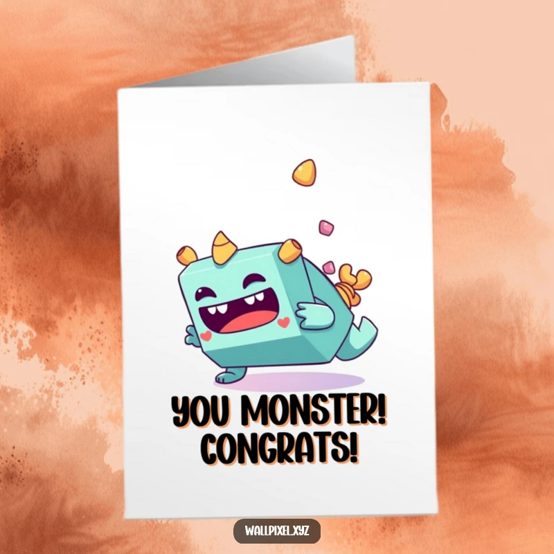Funny Free Printable Congrats Card with a blocky monster making a funny face while tumbling end over end.