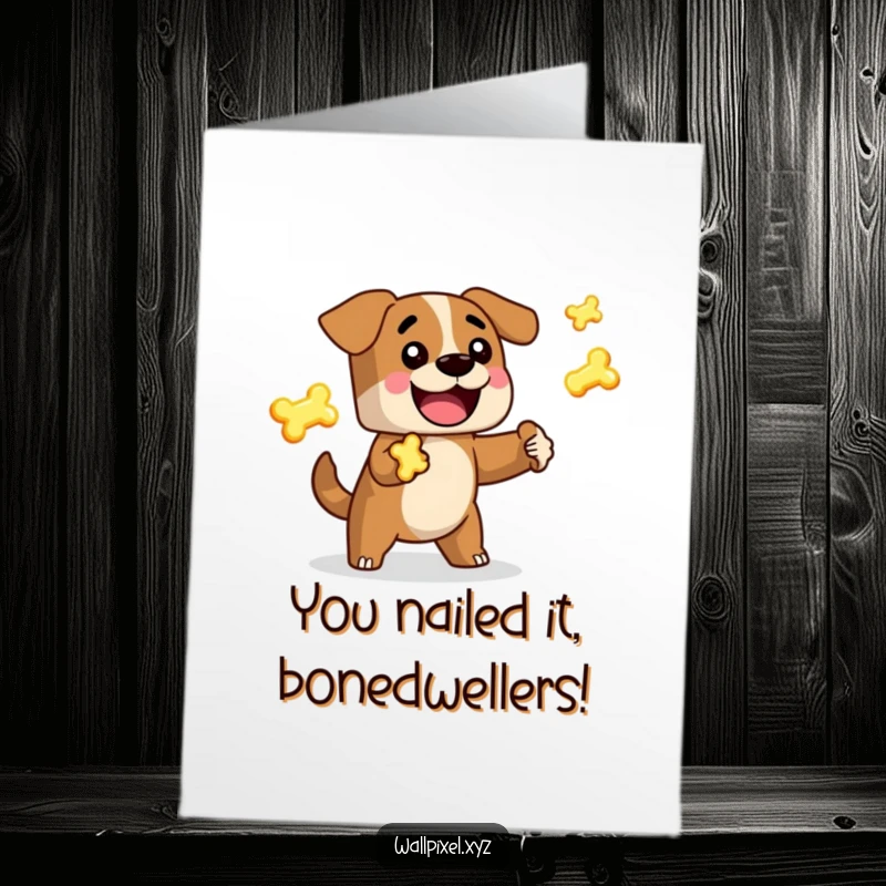 Funny Free Printable Congratulations Card: A blocky dog character happily juggling glowing pixelated bones in celebration.