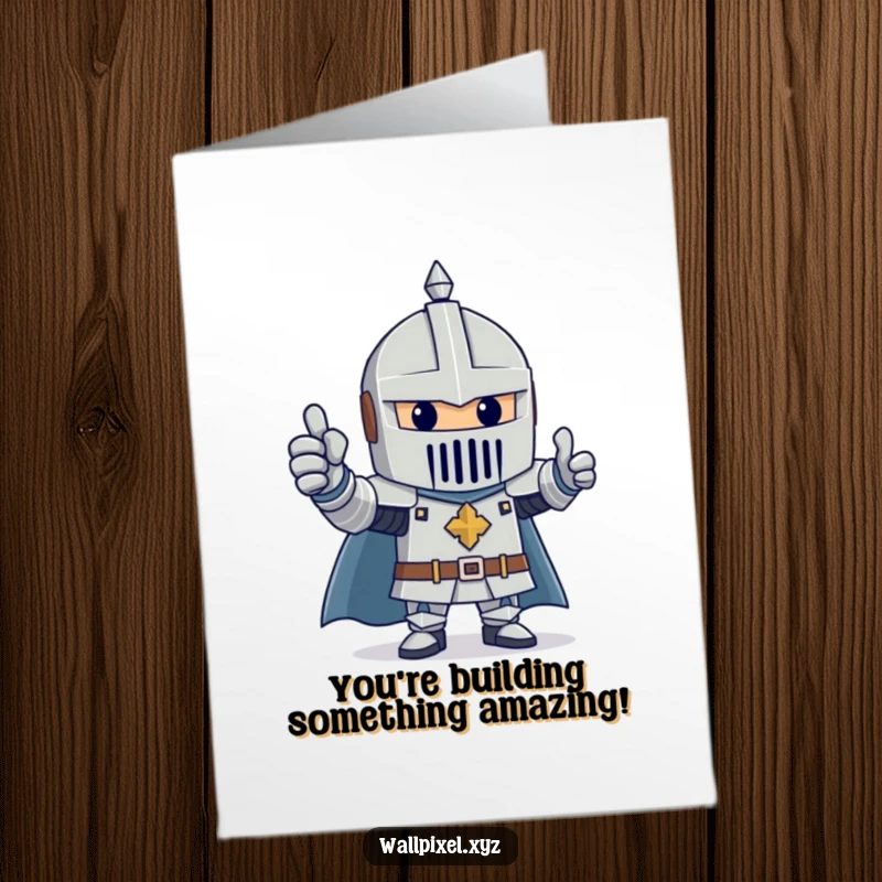 Funny Free Printable Congrats Card: Cheerful knight made of blocks gives a thumbs up, celebrating a great success.