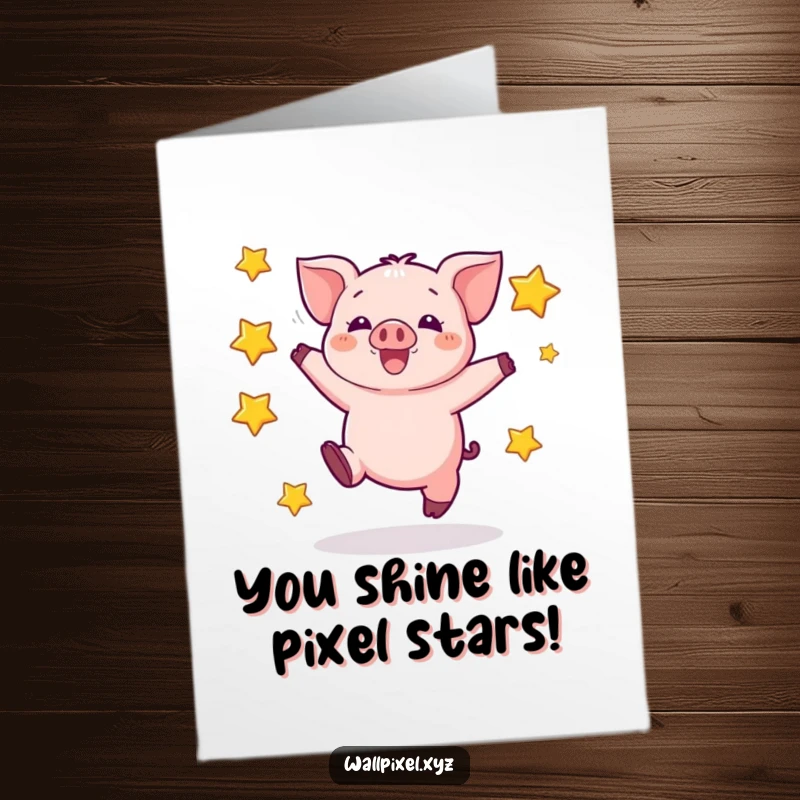 Funny Free Printable Congratulations Card: A pixelated piglet joyfully jumps amidst a shower of blocky, celebratory stars.