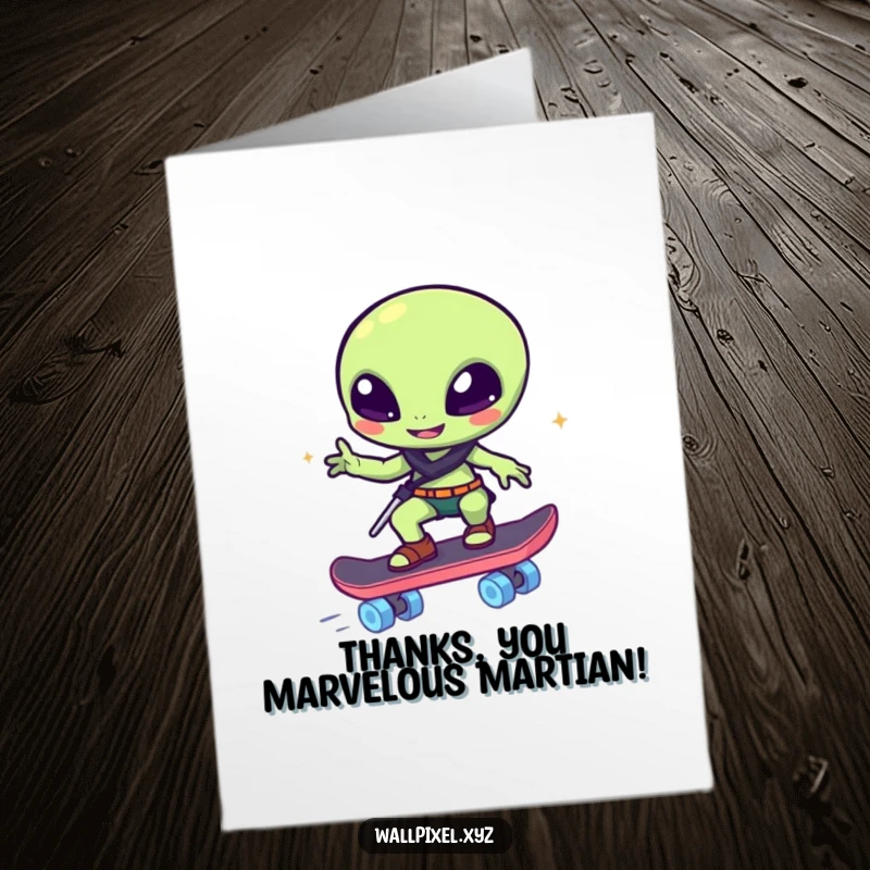 Funny Free Printable Thank You Card: Pixelated alien winks from its block skateboard, a stellar thank you.