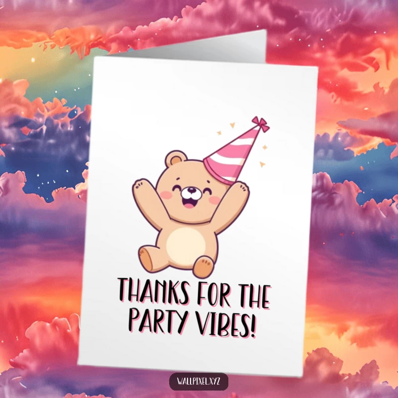 Funny Free Printable Thank You Card: Pixelated bear with party hat, a charming downloadable thank you.