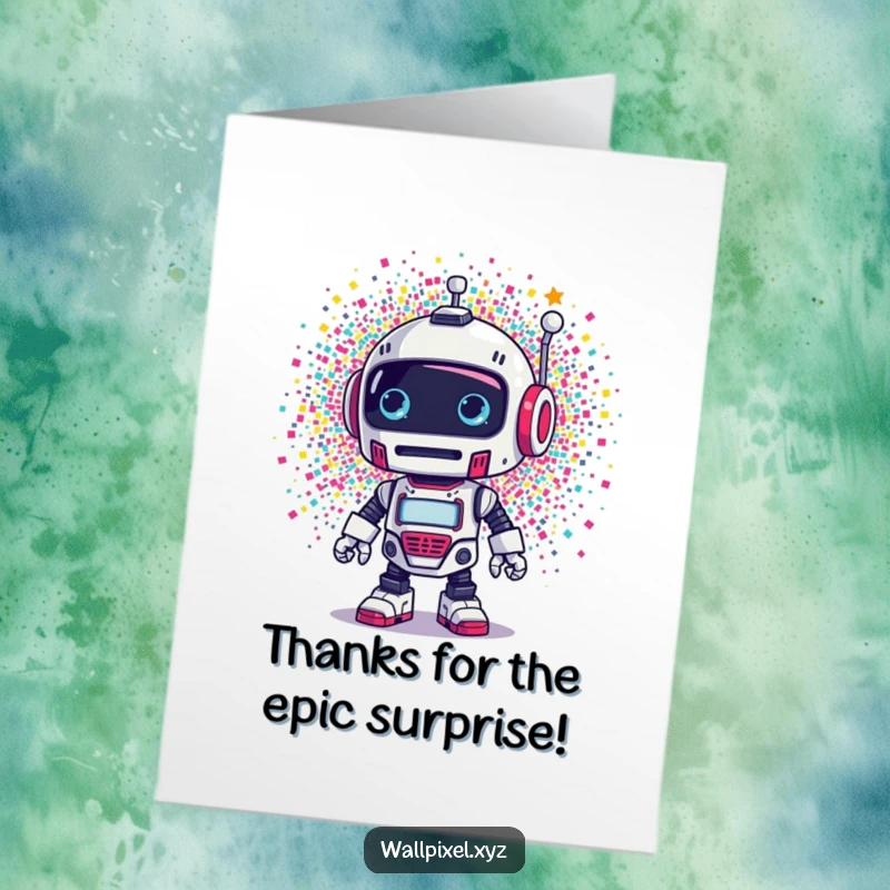 Funny Free Printable Thank You Card: Retro robot shows pixelated surprise, a unique downloadable thank you.