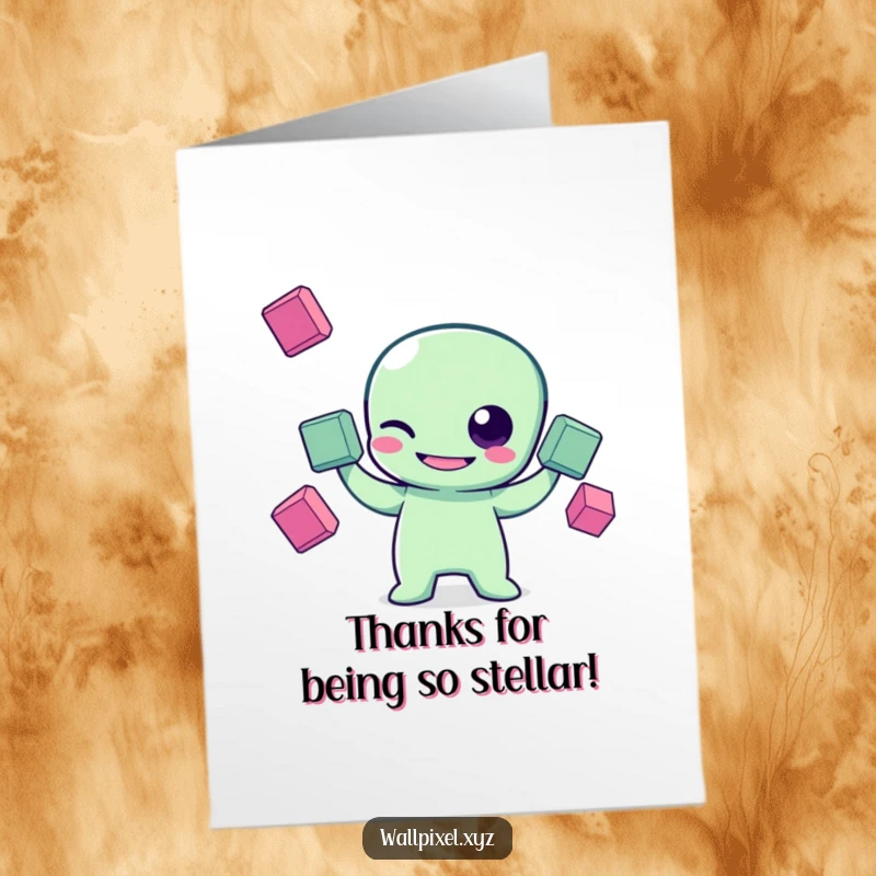 Free Printable Thank You Card: Grinning pixel alien winks while juggling squares, thanking you with cosmic style.