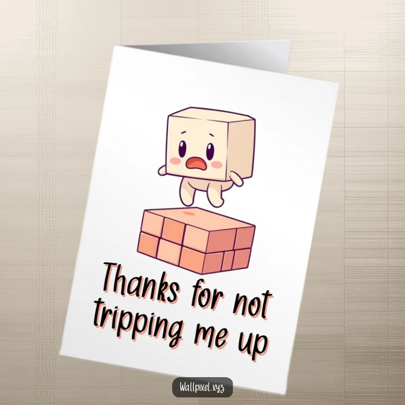 Funny Free Printable Thank You Card: Blocky figure surprised, tripping over a pixel, a humorous way to say thanks.