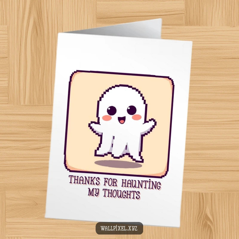 Funny Free Printable Thank You Card: Pixelated ghost playfully haunting a square, expressing thanks with a touch of spectral mischief.