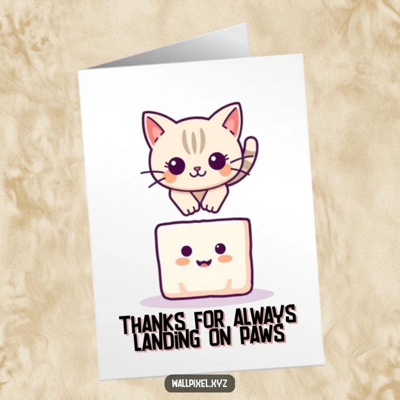 Funny Free Printable Thank You Card: Pixelated cat leaping over a smiling block, a cute and funny thank you.