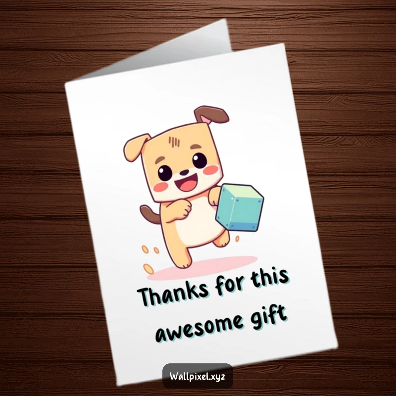 Funny Free Printable Thank You Card: A happy pixel dog chases a bouncing cube, sending thanks your way.