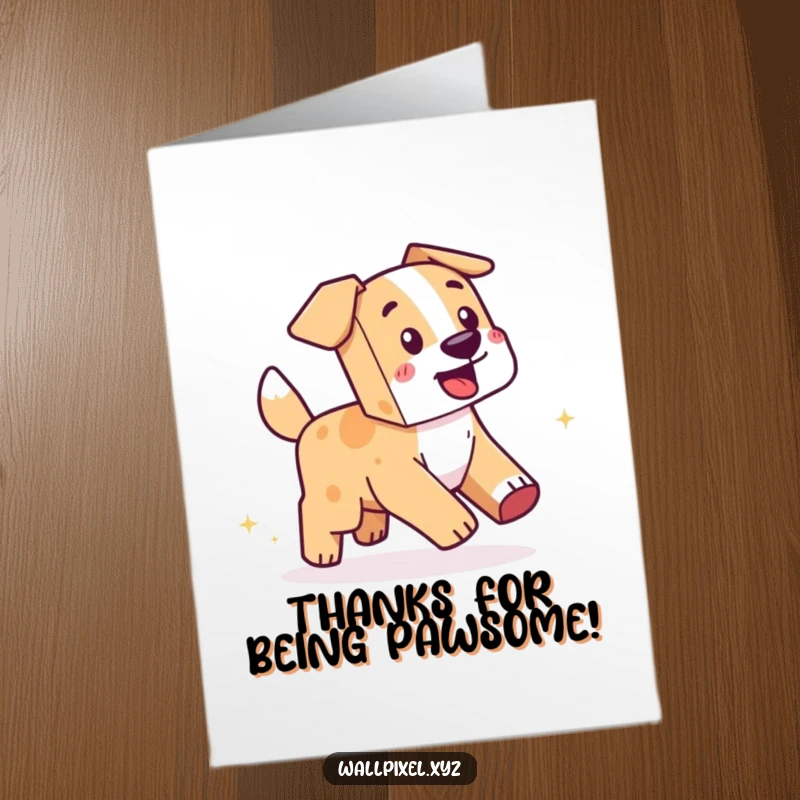 Funny Free Printable Thank You Card: Blocky dog with a pixel tail trail poses playfully, expressing thanks.