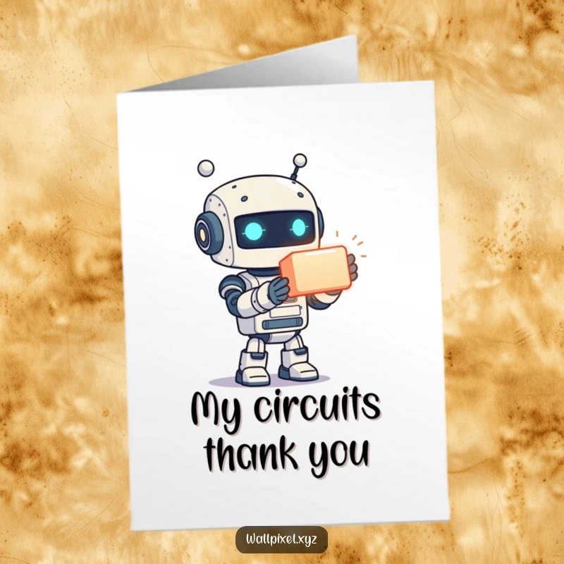 Funny Free Printable Thank You Card: A pixelated robot joyfully offers a glowing cube, a unique and futuristic way to say thank you.