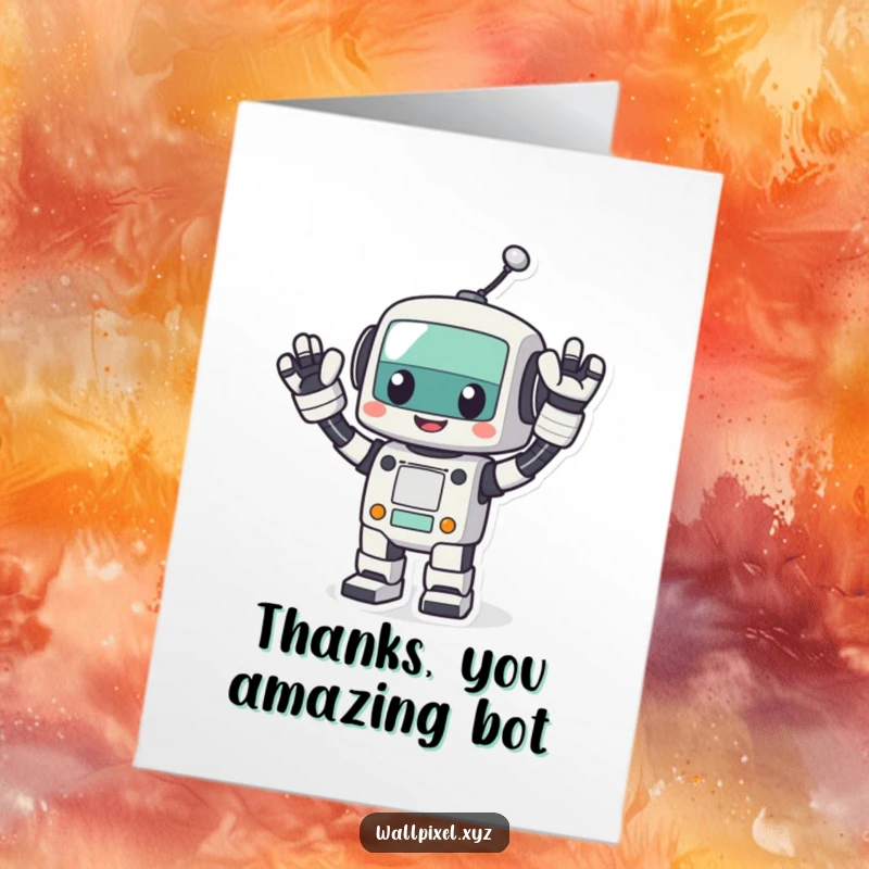 Funny Free Printable Thank You Card: A cheerful pixel robot waves its blocky arms, sending thanks your way.