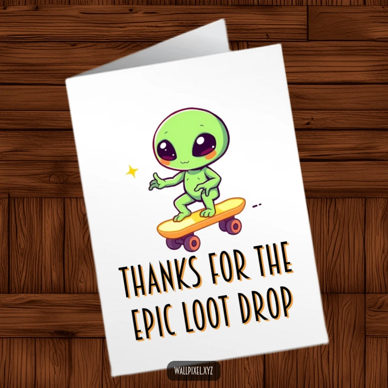 Funny Free Printable Thank You Card: Pixelated alien winking on a skateboard, perfect for expressing thanks with gamer flair.