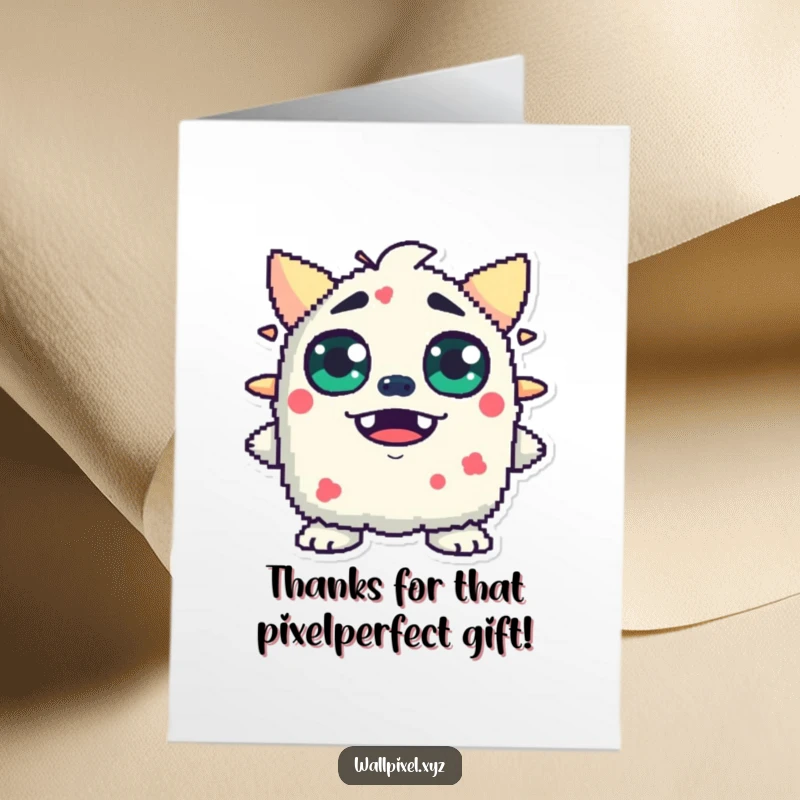 Funny Free Printable Thank You Card: A pixelated monster with enormous blocky eyes, looking genuinely surprised and thankful for a kind gesture.