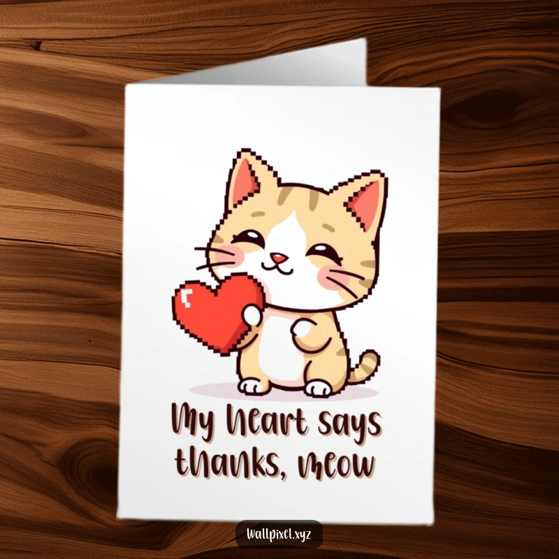 Funny Free Printable Thank You Card: Cute pixel cat gives a pixel heart a gentle nose boop, expressing thanks, digital note.