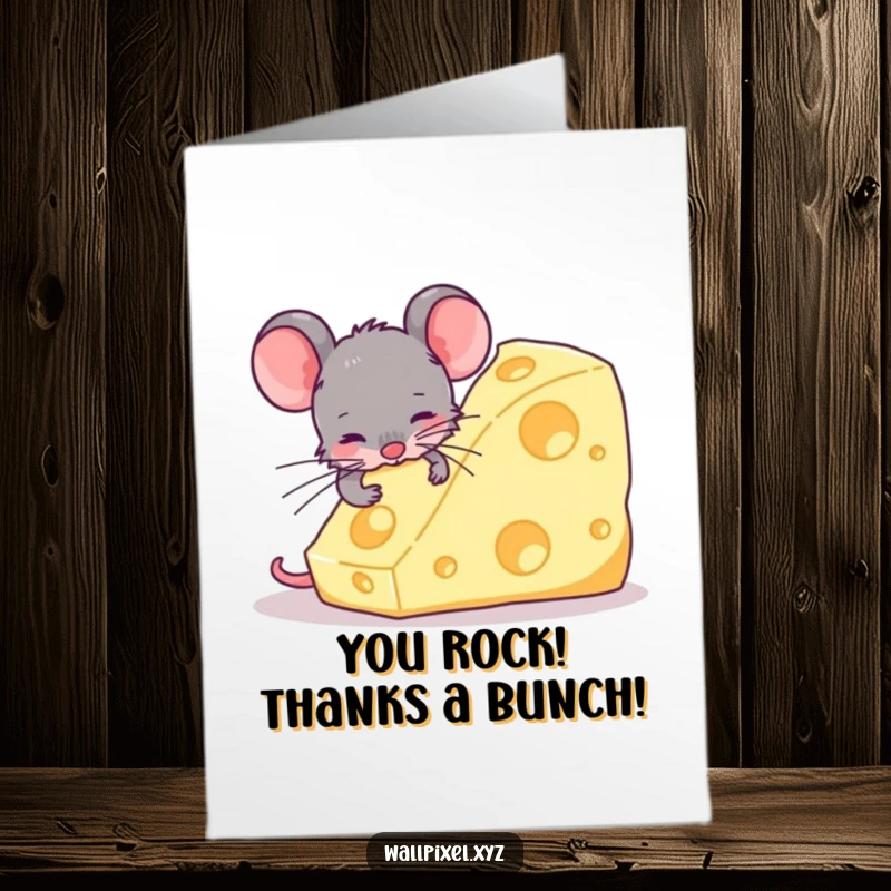 Funny Free Printable Thank You Card of a pixel mouse looking overjoyed with a huge blocky cheese, expressing thanks.