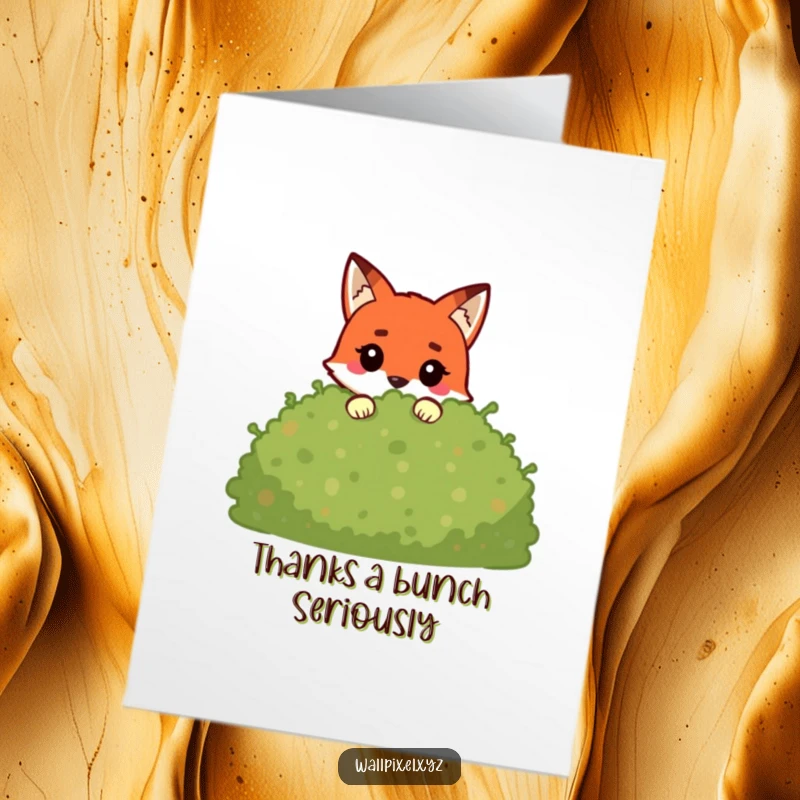Funny Free Printable thank you card featuring a quirky pixel fox peeking from a pixelated bush, offering a humorous expression of gratitude.
