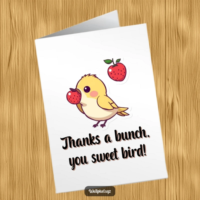 Free Printable Thank You Card: Small pixel bird offers pixel berry in a gesture of gratitude, cute digital art.