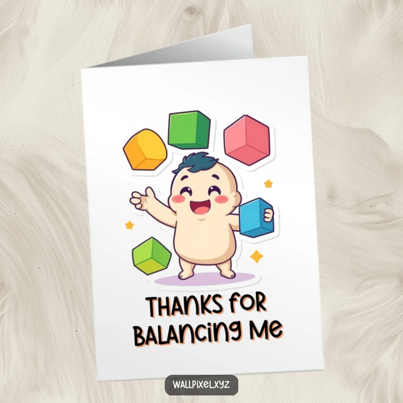 Funny Free Printable Thank You Card: A happy, wobbly pixelated character juggles cubes, sending cheerful thanks in a unique, downloadable format.