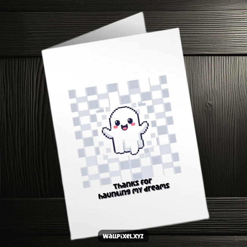 Funny Free Printable Thank You Card: A happy pixel ghost emerging from a checkerboard wall with a thank you gesture.