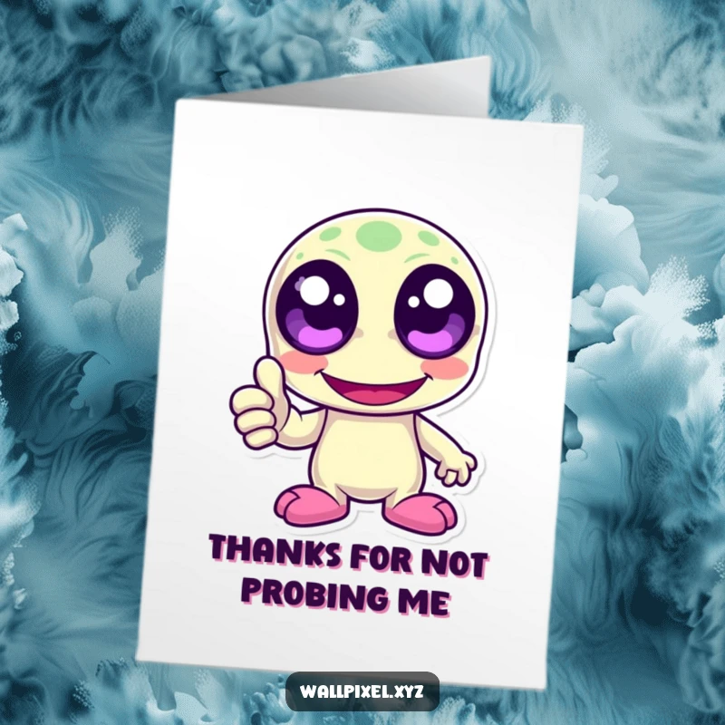 Funny Free Printable Thank You Card: A laughing pixelated alien character with big pixel eyes gives a happy thumbs up gesture.