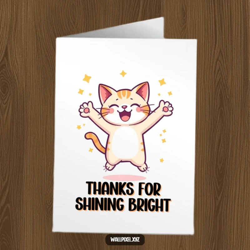 Funny Free Printable Thank You Card: A pixel cat leaps through stars, sending thanks with outstretched arms.