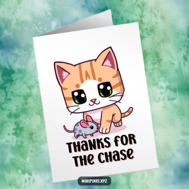 Funny Free Printable Thank You Card: A blocky pixel cat with large eyes playfully chasing a pixel mouse to say thank you.