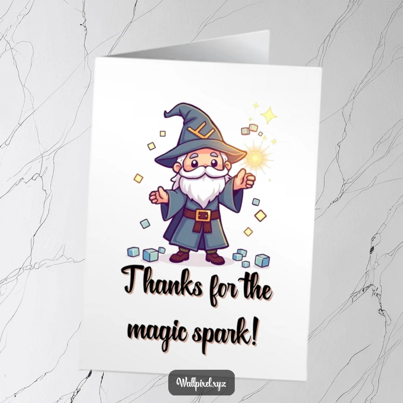 Funny Free Printable Thank You Card: Pixel wizard casting a shower of magical sparkling cubes in a DIY greeting.