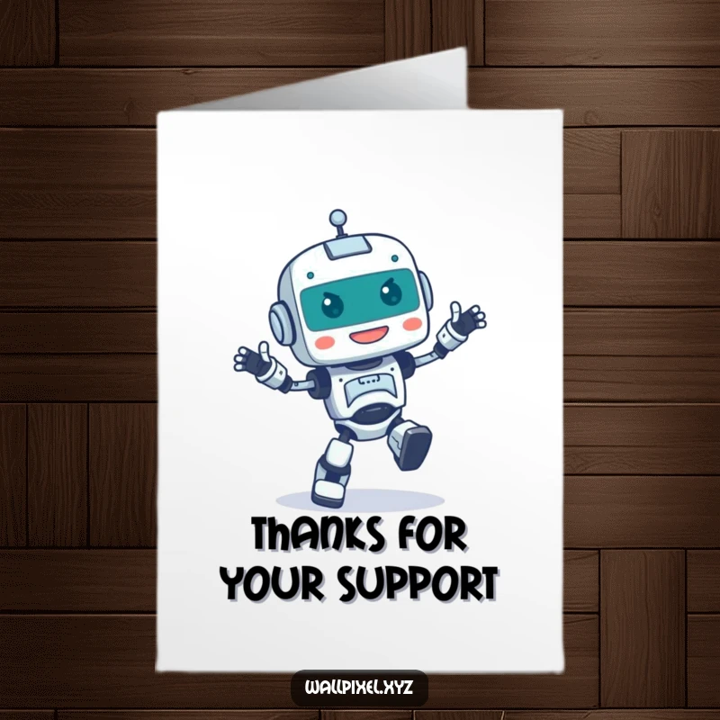 Funny Free Printable Thank You Card: Pixelated robot doing a happy, clumsy dance, expressing thanks with enthusiastic movement.