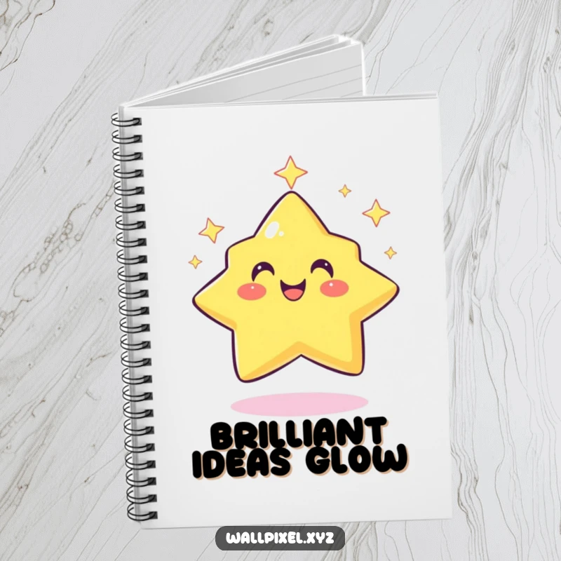 Funny pixel star notebook with a smiling, retro character twinkling rhythmically, perfect for jotting down notes with retro charm.
