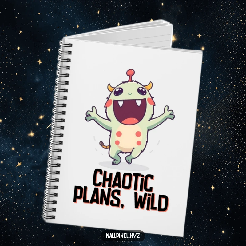 Funny notebook cover with an excited pixel monster dancing energetically using its small, flailing blocky arms, great for notes.