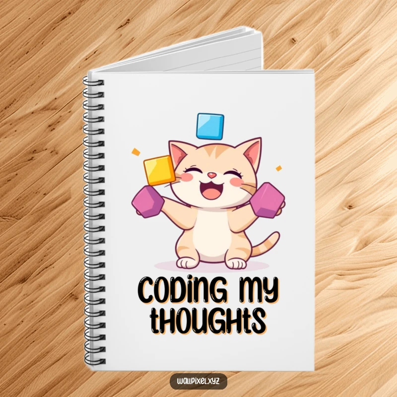 Funny notebook with a giggling pixelated cat juggling bright squares, perfect for journaling or creative notes.