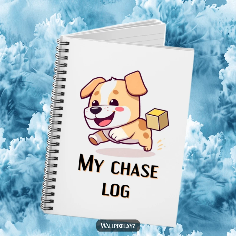 Funny block dog notebook with a dog chasing a pixel cube, designed for noting down game strategies and creative thoughts.
