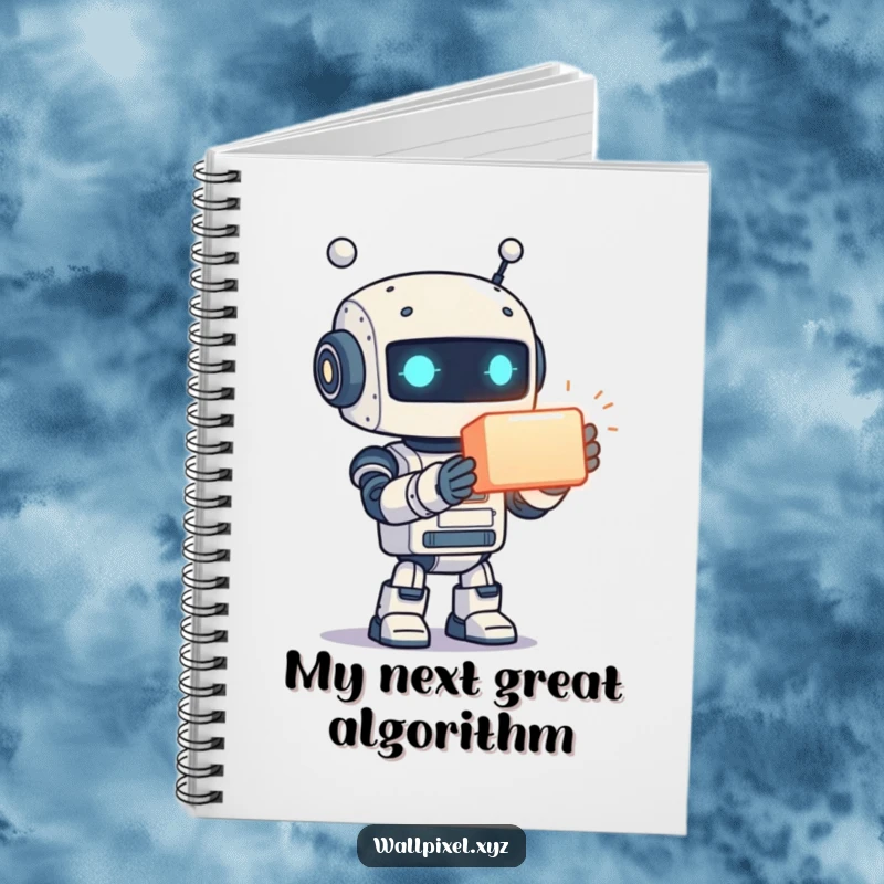 Funny notebook cover featuring a smiling pixelated robot offering a glowing cube, designed for capturing inspirations and ideas humorously.