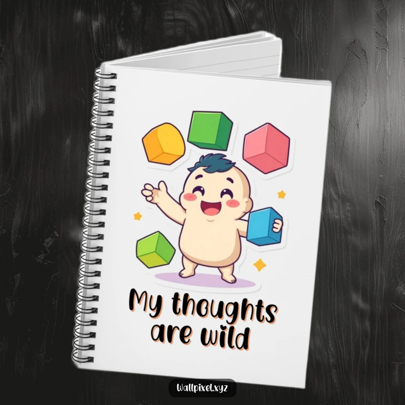 Funny notebook cover art showcasing a happy, wobbly pixel character juggling colorful cubes, perfect for jotting down colorful ideas.