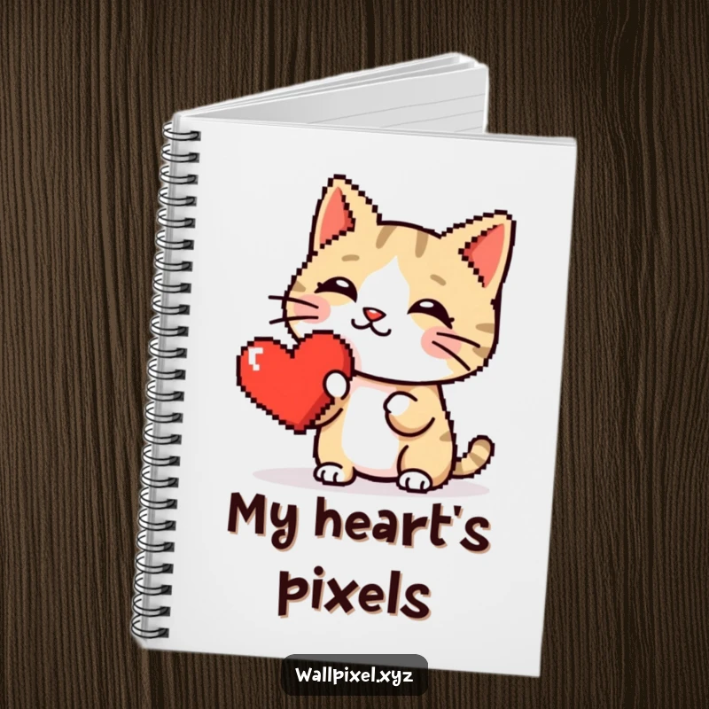 Funny notebook with a pixelated cat booping a shiny red pixel heart, perfect for journaling or sketching with a retro vibe.