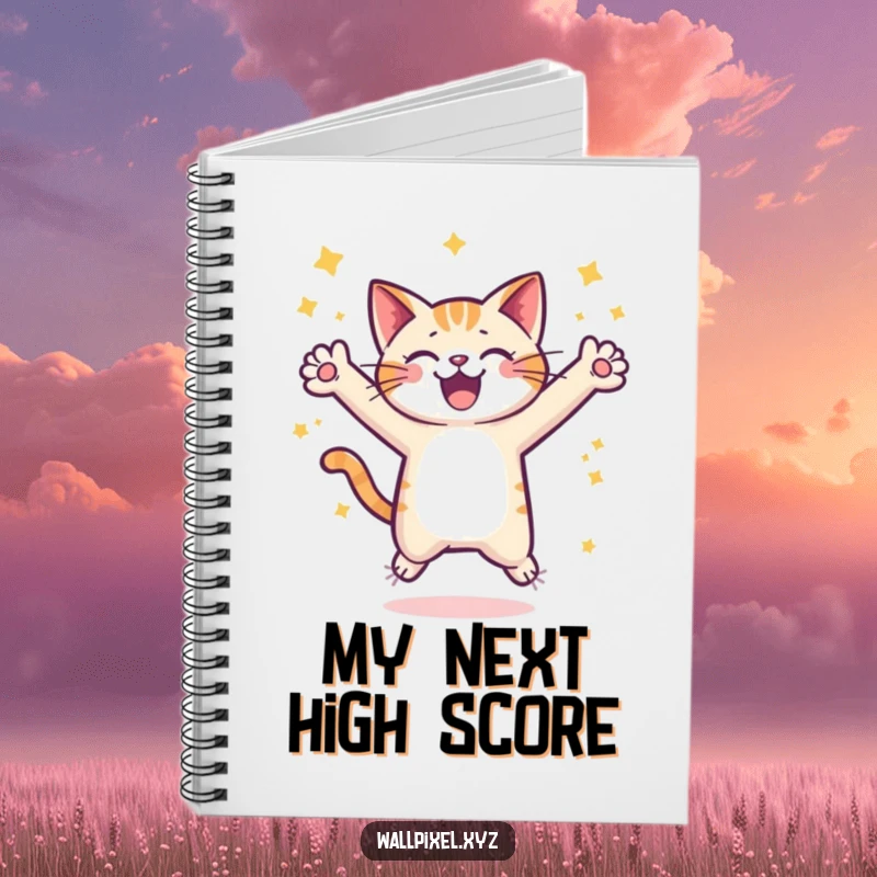Funny pixel cat notebook, a pixelated cat joyfully leaping amidst stars, designed for jotting down ideas with retro gaming charm.