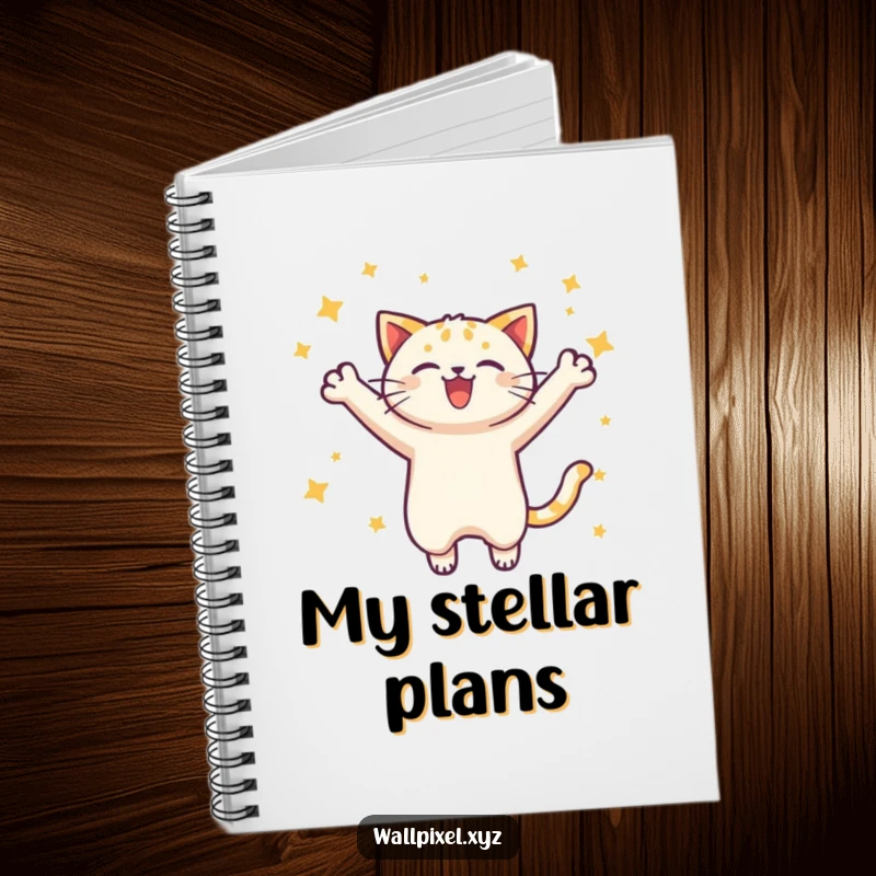 Funny pixel cat notebook with a joyful leap and stars, designed for noting down game strategies and creative thoughts.