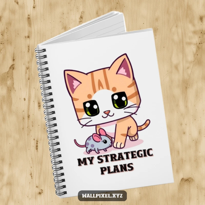 Funny blocky cat notebook, with exaggerated pixel eyes, chasing a pixelated mouse, perfect for note-taking.