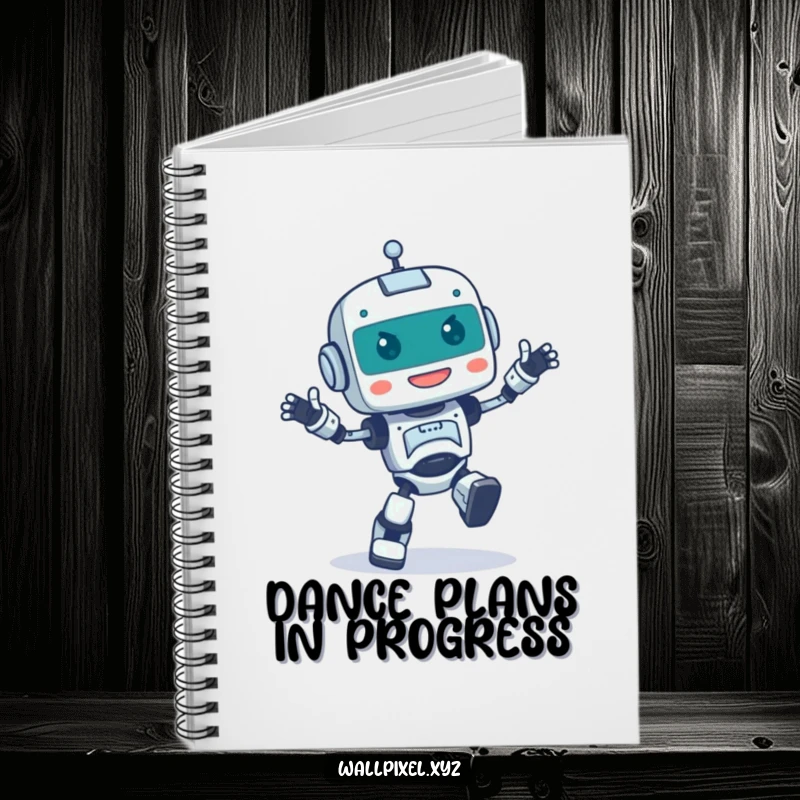 Funny notebook with a pixelated robot character doing a happy, clumsy dance, ideal for jotting down funny ideas.