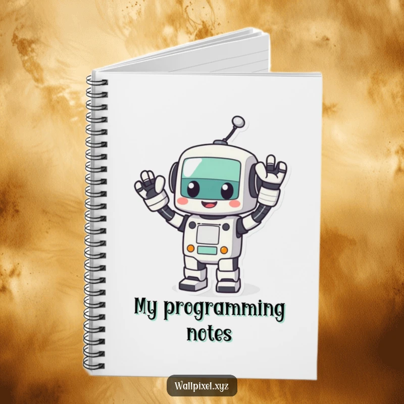 Funny pixel robot notebook, a cheerful blocky robot waving energetically, designed for jotting down ideas with retro tech charm.