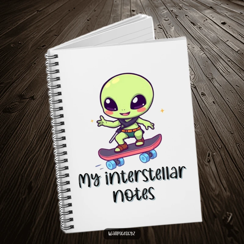Funny notebook: A pixelated alien winks while skateboarding on glowing blocks, a humorous journal for cosmic ideas.