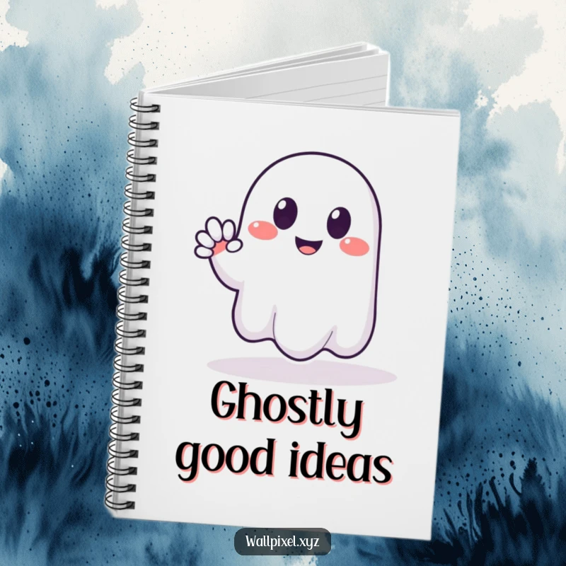 Funny notebook featuring a smiling pixelated ghost giving a blocky, friendly wave, ideal for notes and spooky-themed journaling.